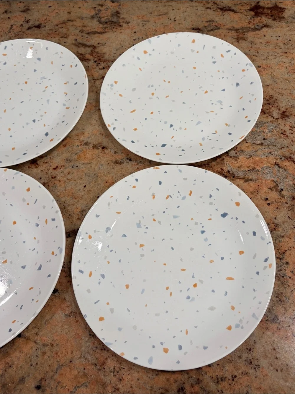 Vtg Corelle Dinner and dessert Plates orange, blue Grey Rosa Terrazzo Speckle